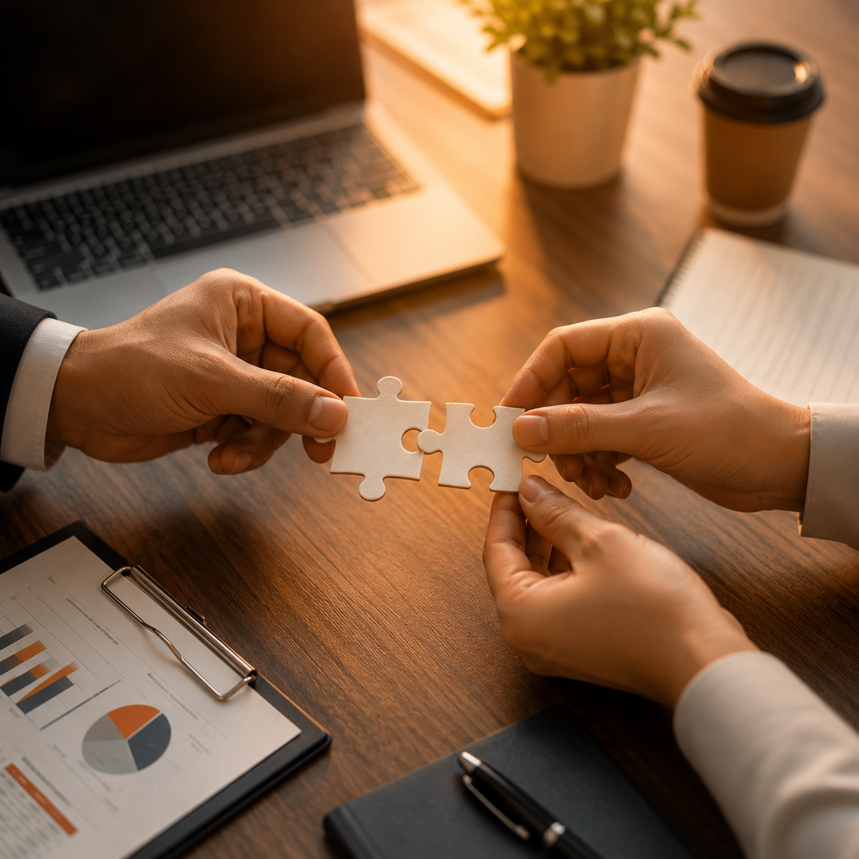 Two partners fitting puzzle pieces together