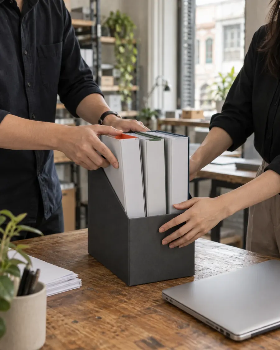A consultant placing three management system files into one box with a colleague.