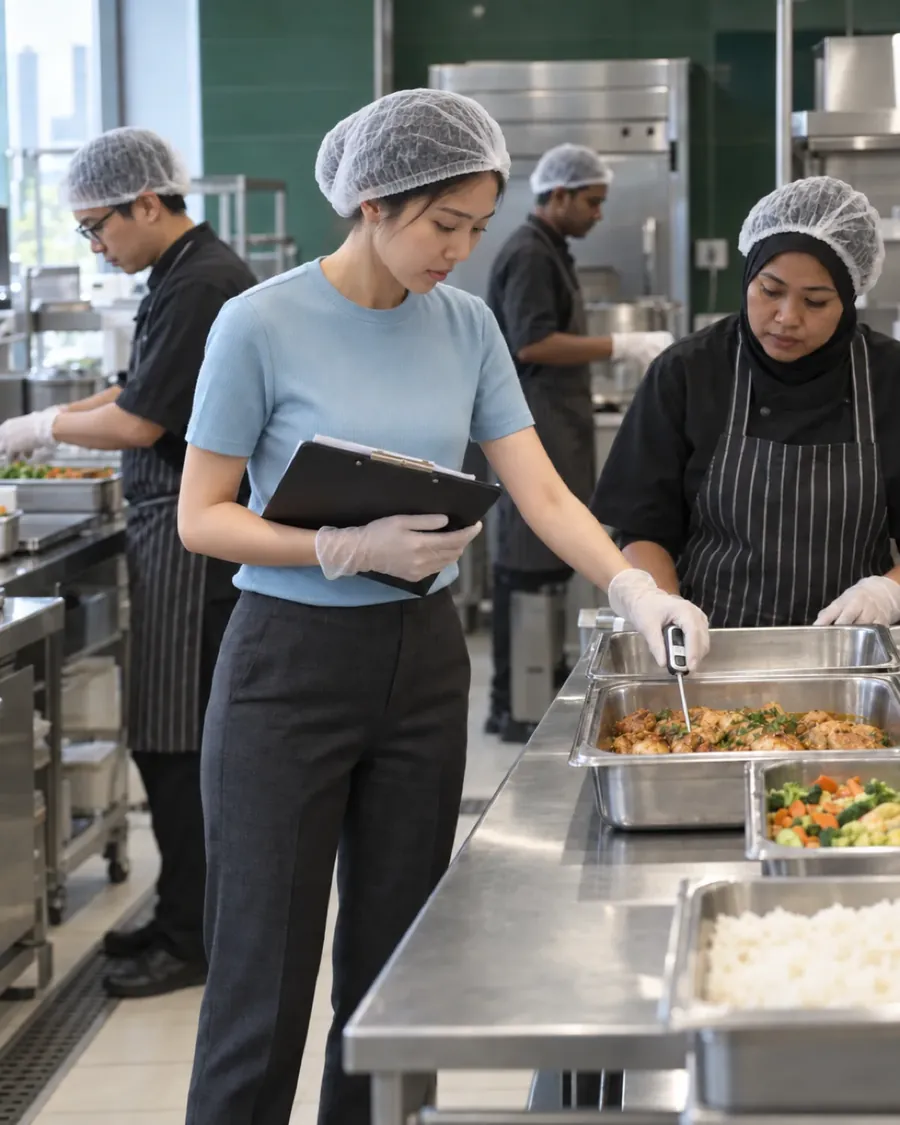 A consultant reviewing food safety records in a Singapore food operation