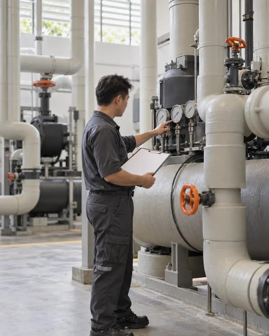 A consultant reviewing chiller gauges at a Singapore industrial site