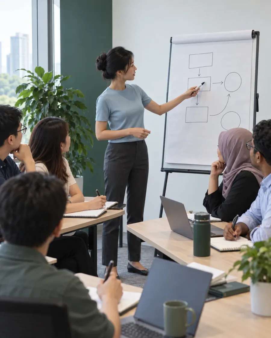 A consultant leading an ISO awareness training session with a business team