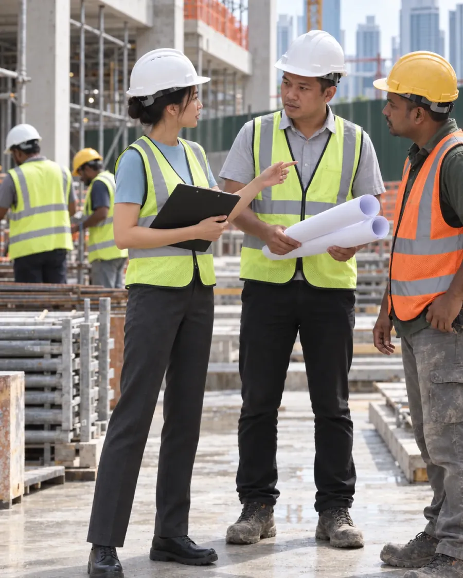 A consultant reviewing construction site documents with a site supervisor