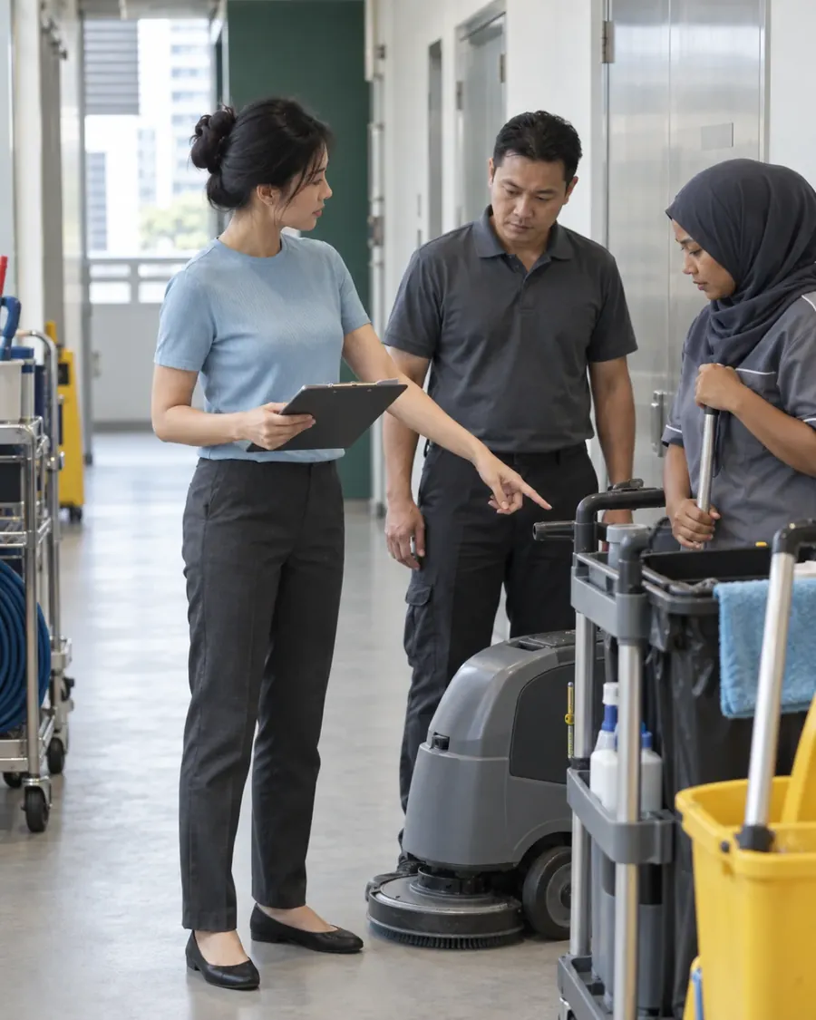 A consultant reviewing a facilities checklist with a building services supervisor