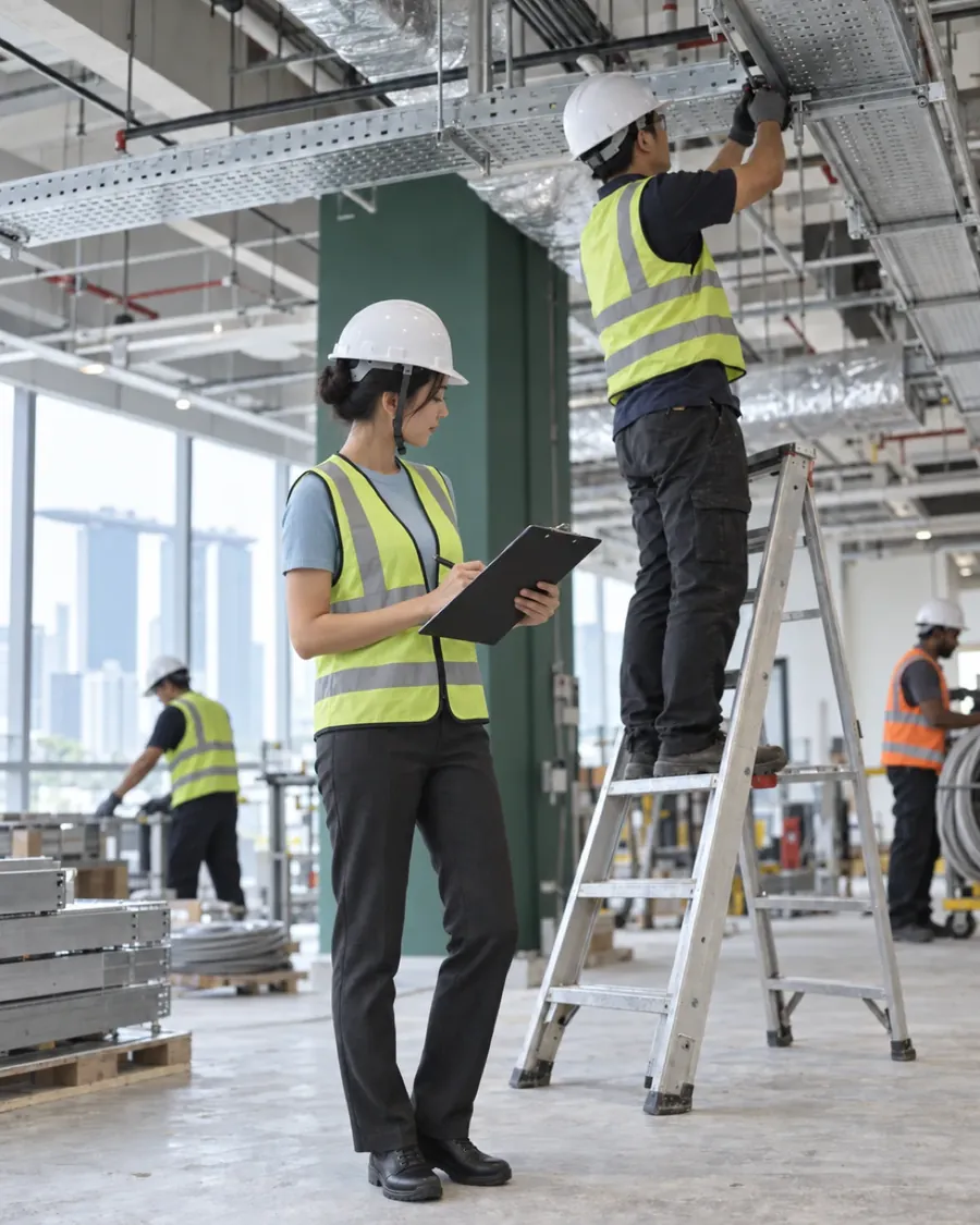 A consultant reviewing M&E ceiling works with a site supervisor