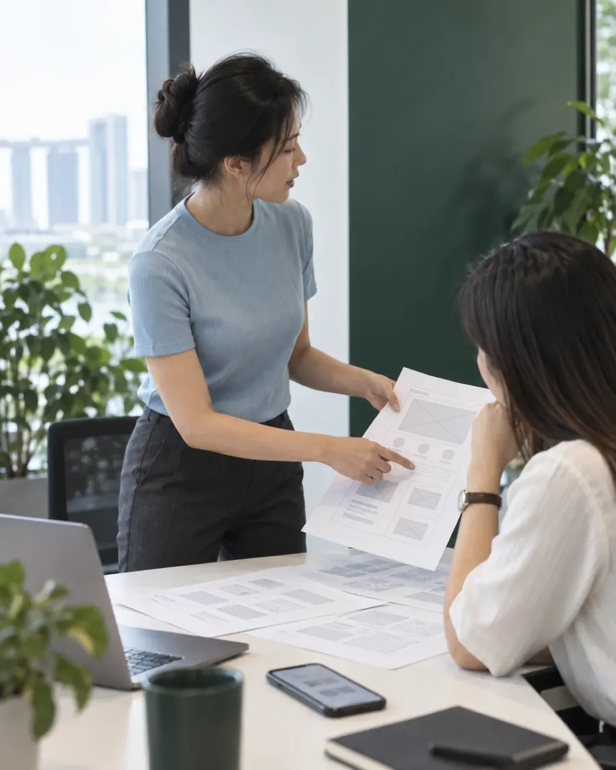 A consultant reviewing page layouts