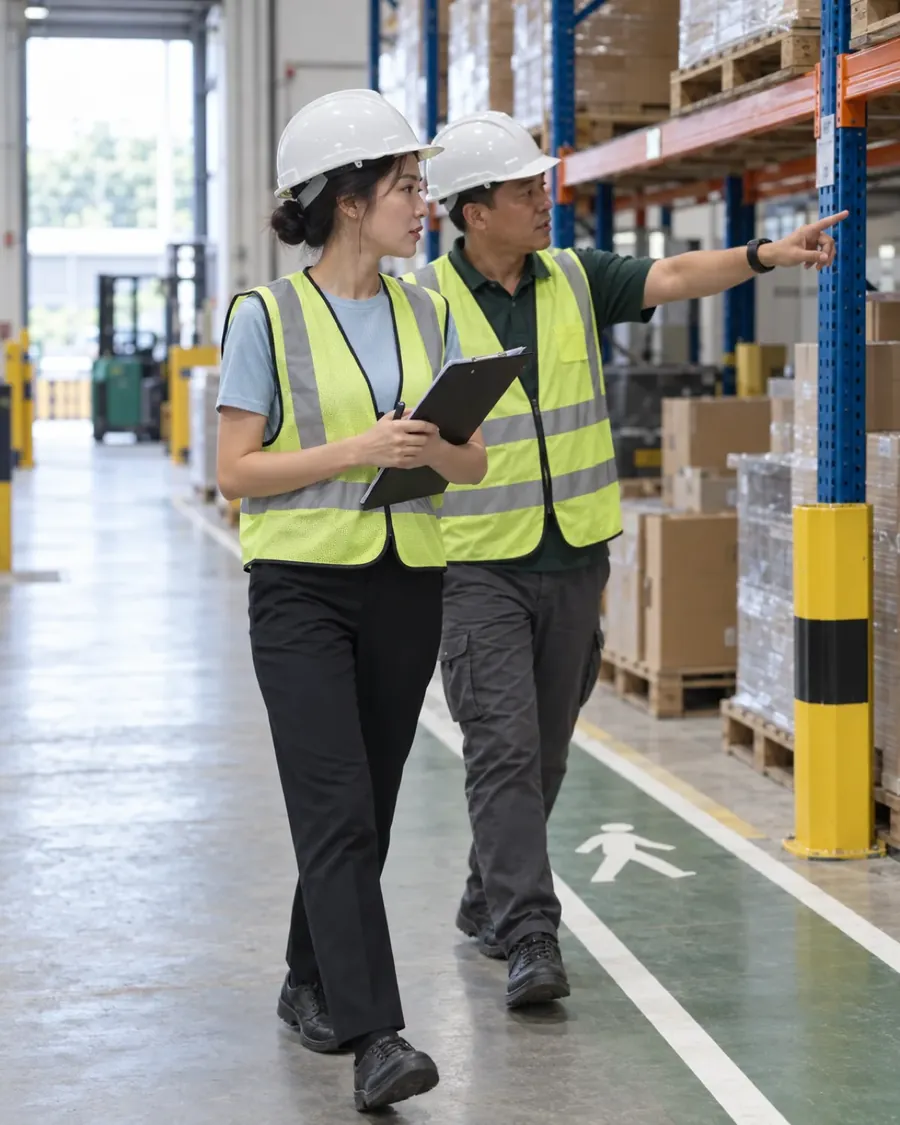A consultant on a safety walk with a site supervisor in a Singapore warehouse