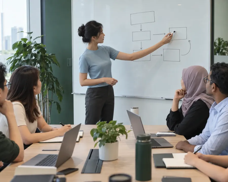 A consultant leading a process mapping workshop with a client team
