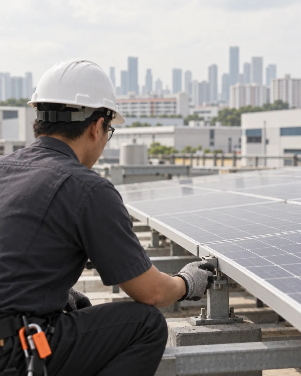 A consultant inspecting rooftop solar panels in Singapore