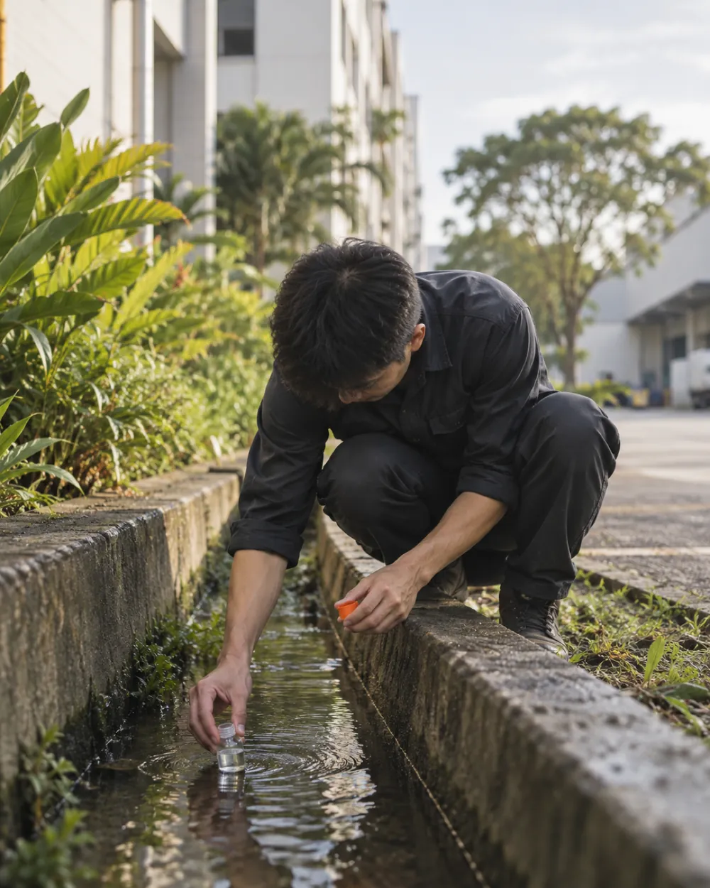 A worker takes a water sample beside a planted drain outside a factory.