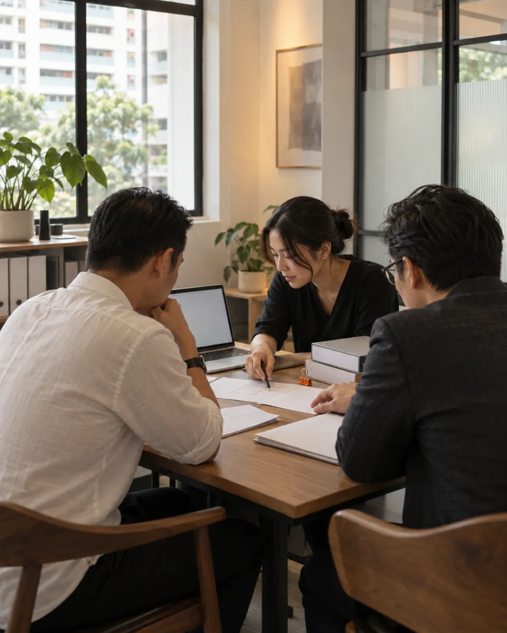 Two business owners and an adviser review printed documents at a small office table.