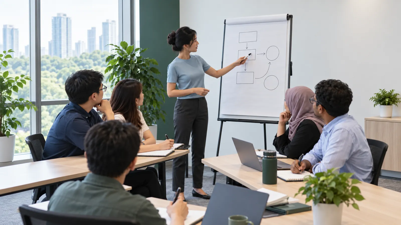 A woman with her hair in a bun presents a simple flow diagram at a flip chart to five colleagues seated at tables with laptops, notebooks and a green mug, with plants and a city view behind.