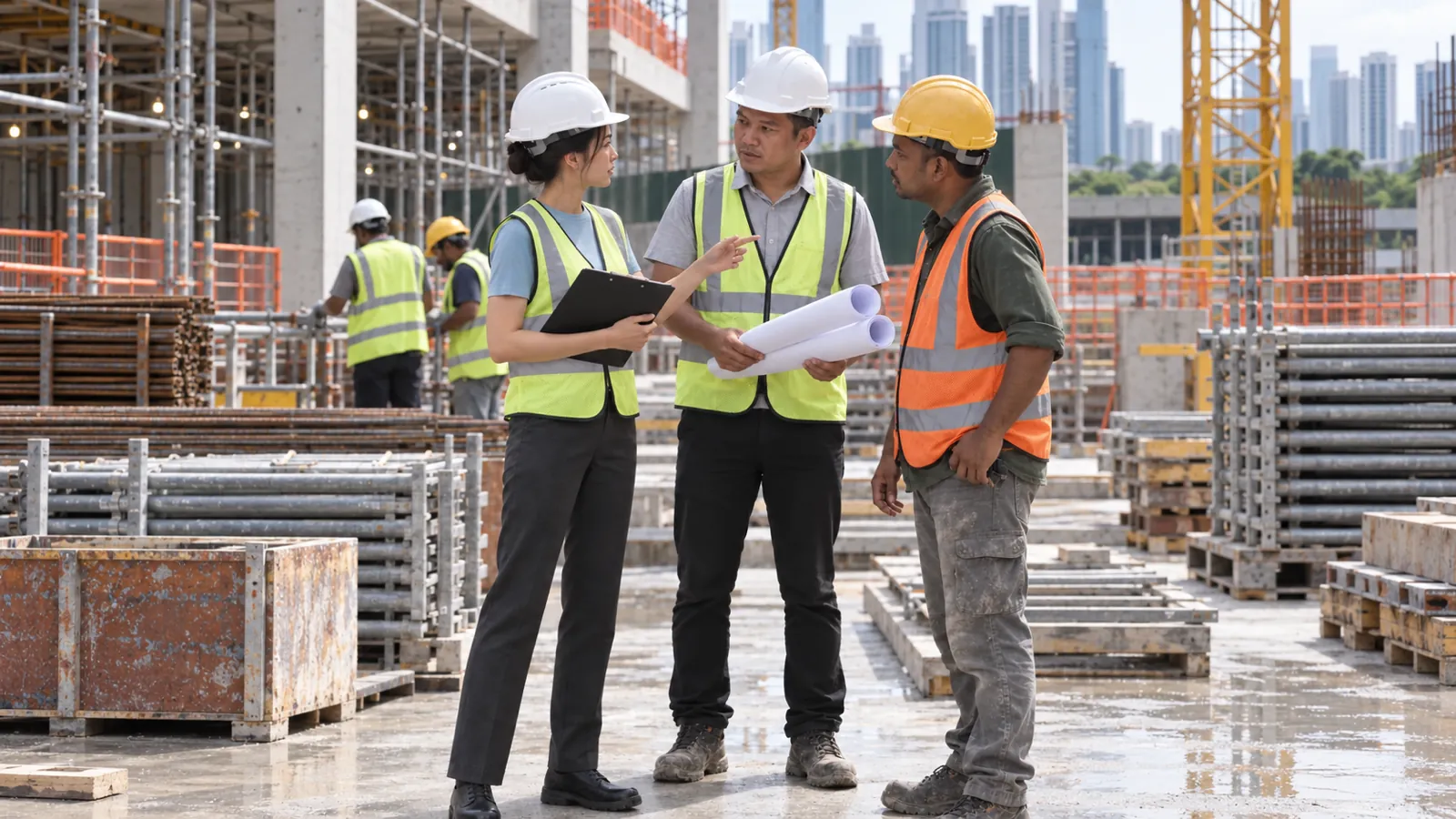 A consultant reviewing construction safety documents with a site team.
