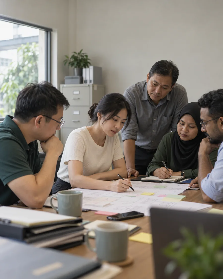A consultant leading a process mapping workshop with a client team