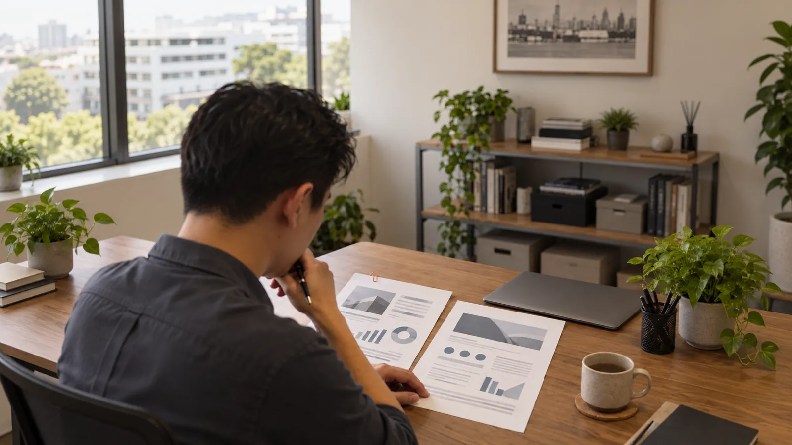 A business owner compares two printed proposals on a desk with a pen.