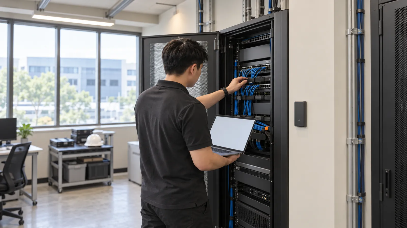 A man in a dark polo shirt holds an open laptop beside network cabling in an open server rack in an office.