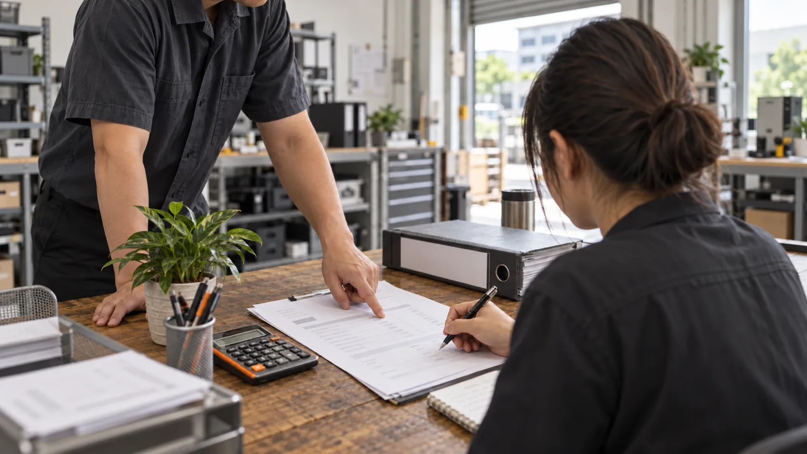 A hand points to unreadable figures on a quotation beside a calculator and binder.