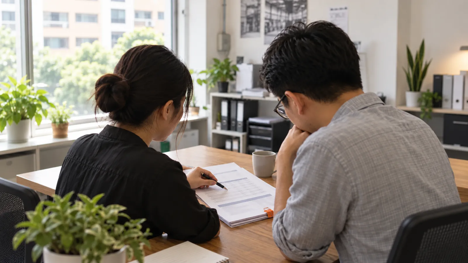 Two people discuss a printed proposal with a pen pointing at blurred figures.