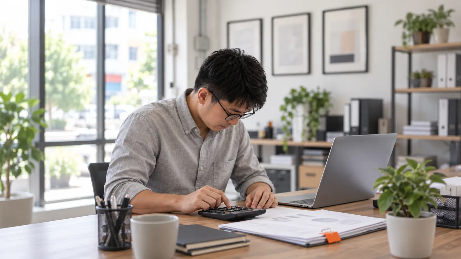 A business owner uses a calculator and laptop at a desk with blurred certificates behind.