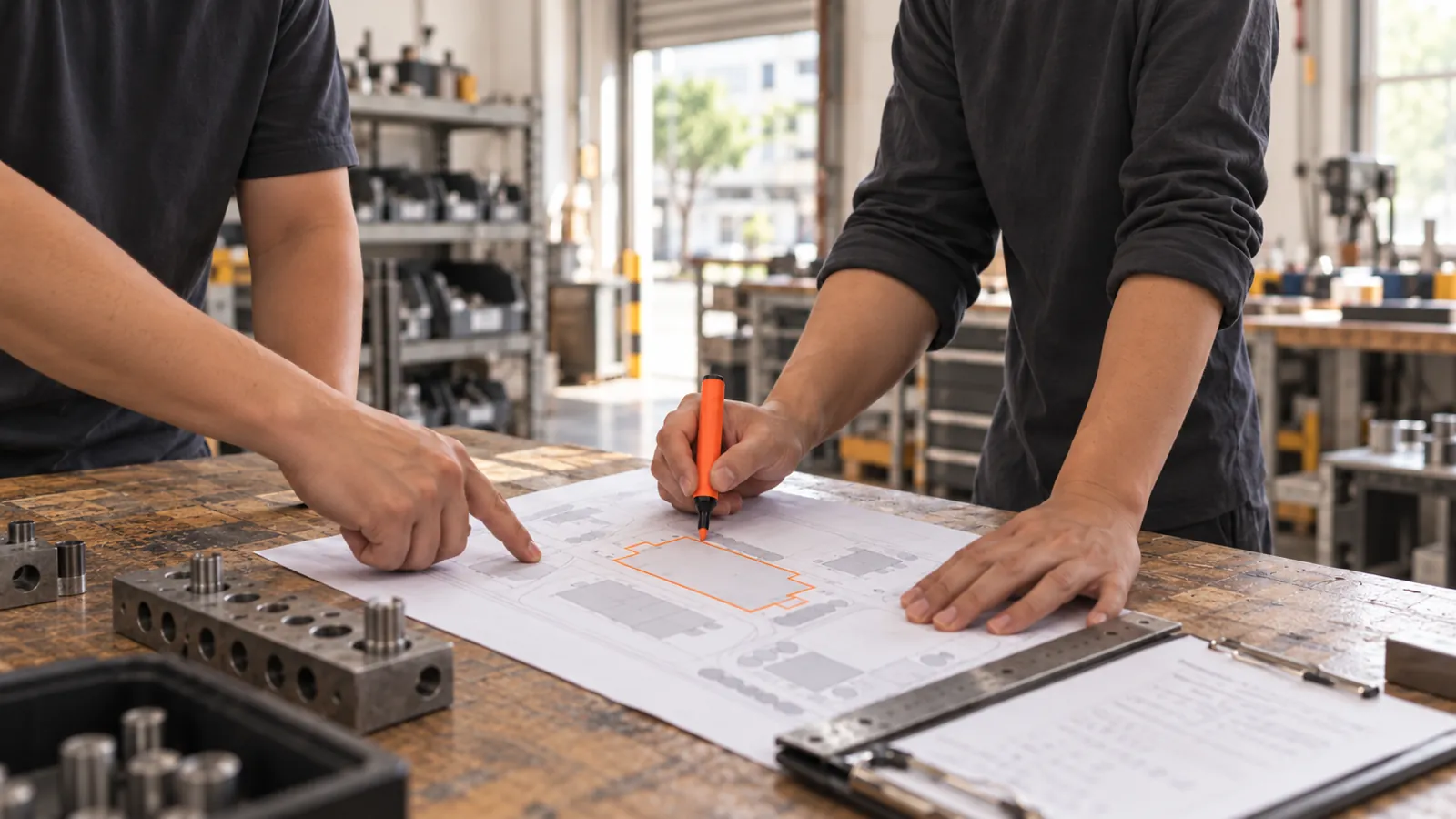 A hand draws an orange boundary around part of a printed site layout.