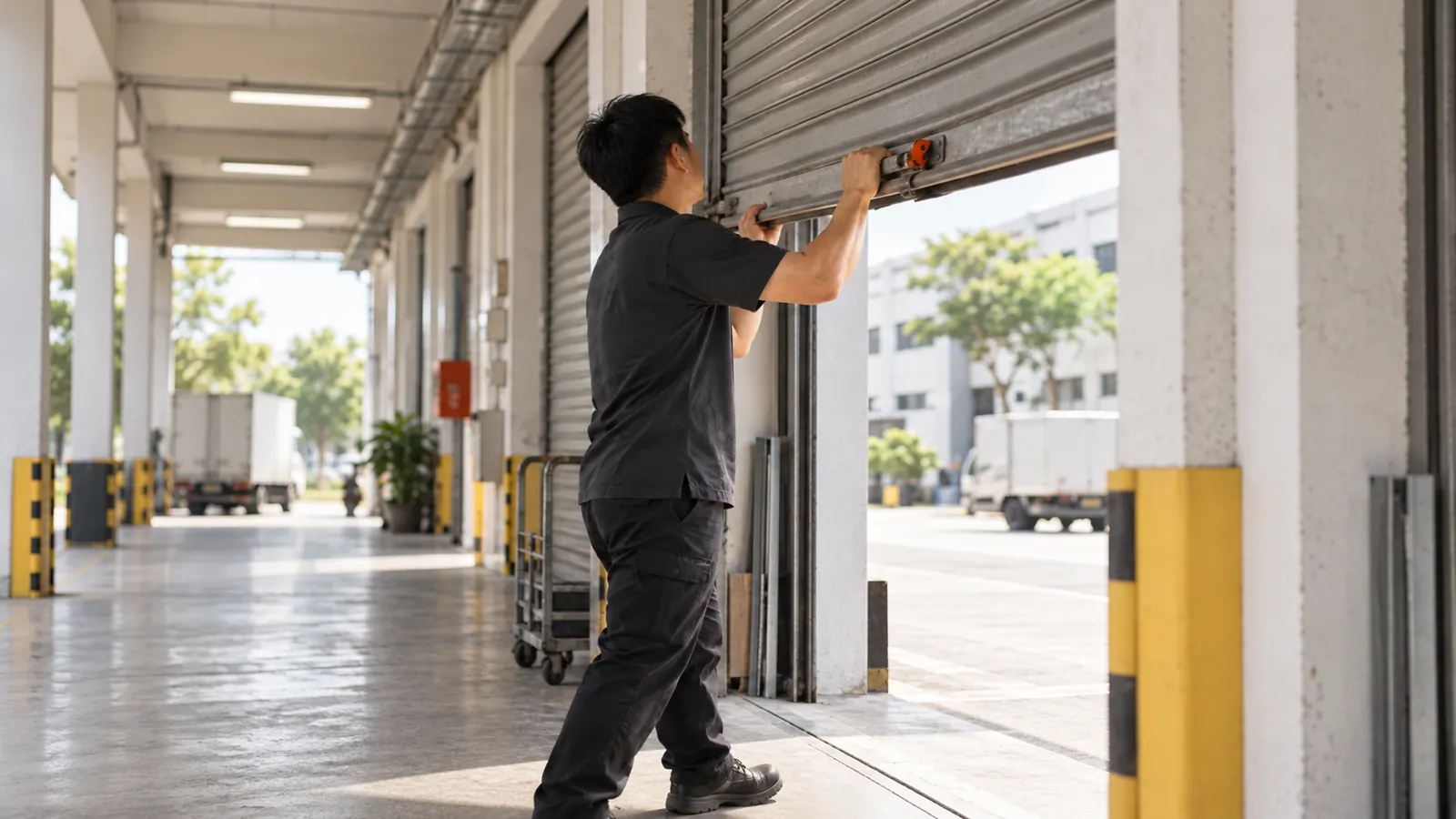 A worker rolls up a unit shutter in a Singapore light-industrial estate corridor.