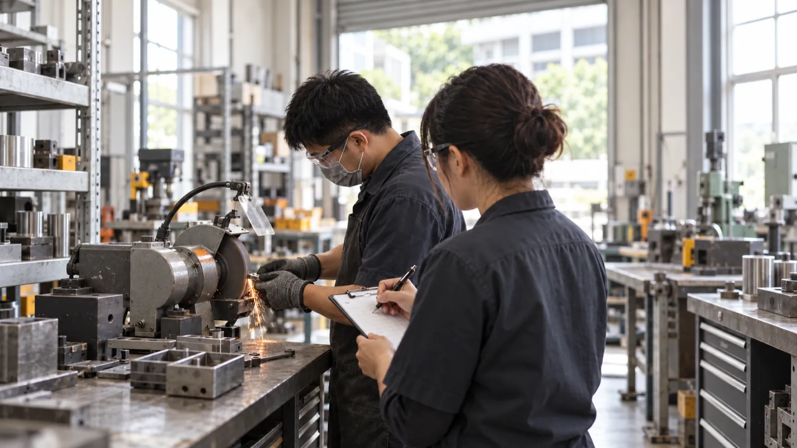 A supervisor and worker observe a bench grinder while the supervisor notes hazards.