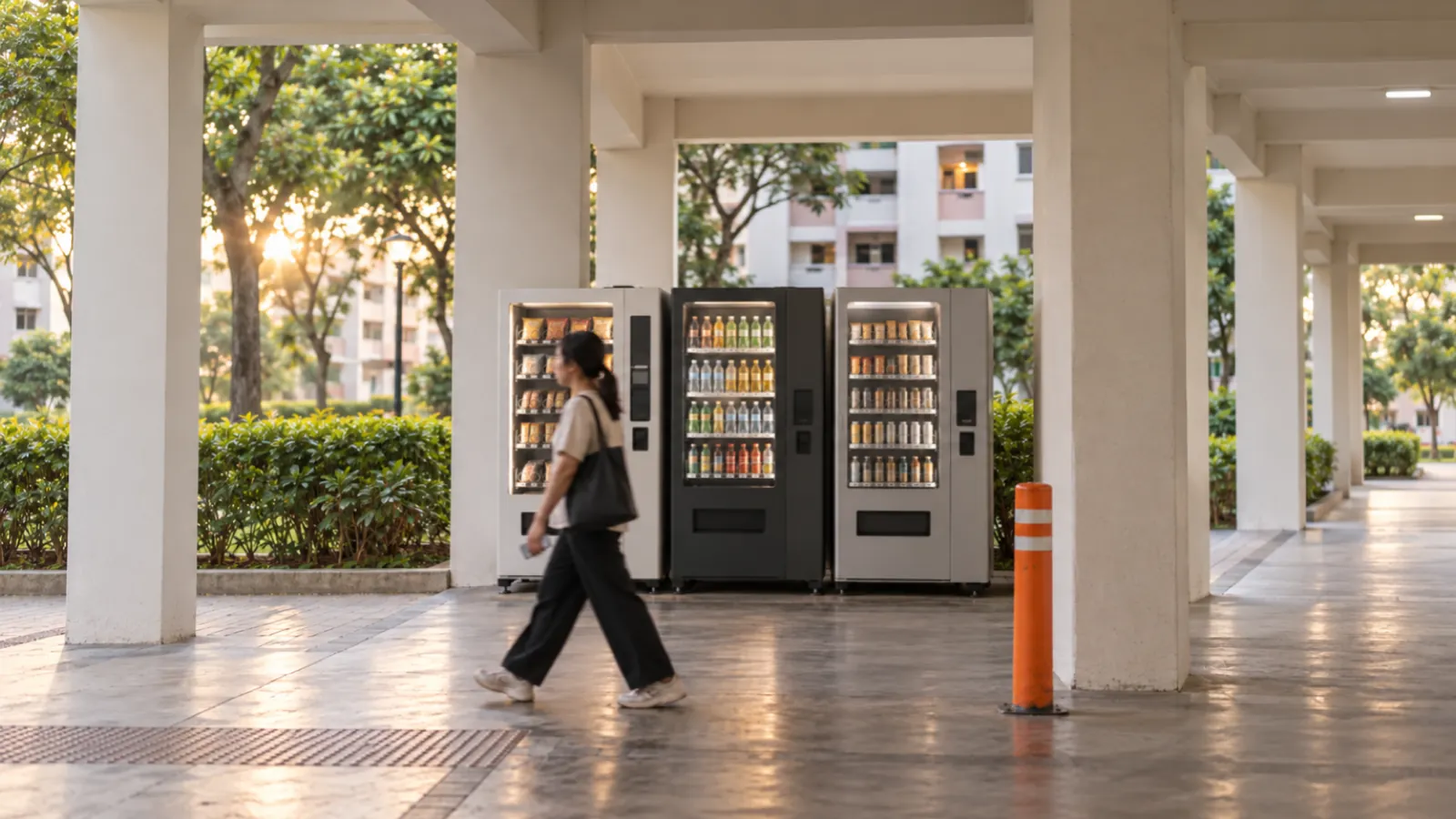 Unbranded vending machines stand beneath an HDB void deck as a person walks past.